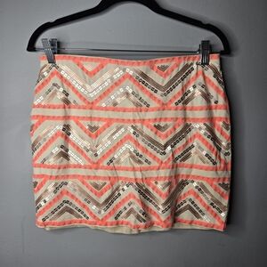 Express Sequin Chevron Mini Skirt Small Coral Tan Geometric Party Festival